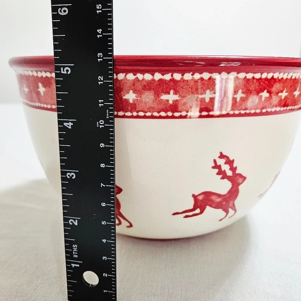 Vtg Dansk Nordic Knit Red Large Serving Bowl Holiday Reindeer Christmas Cream 9